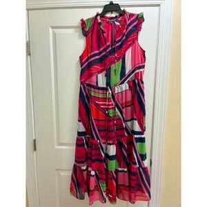 Julia Jordan Womens 14 Colorblock Stripe Maxi Dress Ruffle Overlay Tie Sleeveles